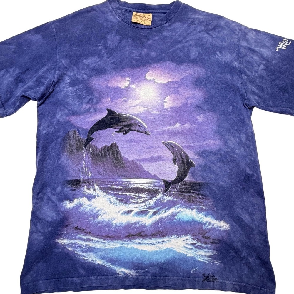 Vintage 1998 The Mountain Dolphins Tie Dye Purple Medium T-Shirt EUC USA Made